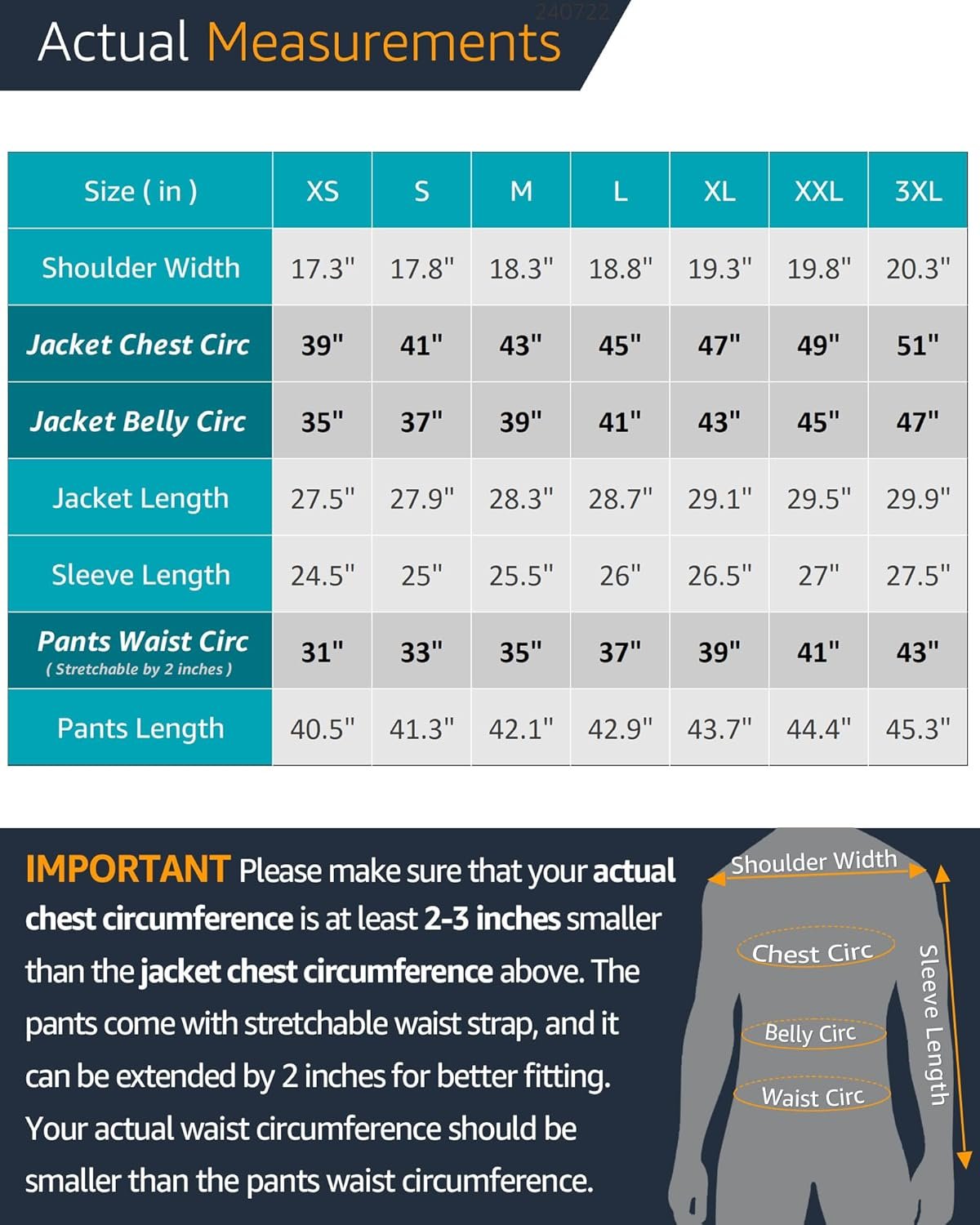 Größentabelle für Jacken und Hosen, Maße in Zoll, XS bis 3XL, wichtige Hinweise.