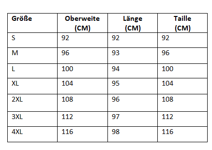 Größentabelle für Kleidung, Größen S bis 4XL, Maße in cm für Oberweite, Länge, Taille.