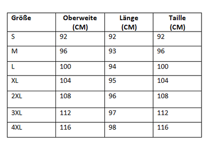 Größentabelle für Kleidung, Größen S bis 4XL, Maße in cm für Oberweite, Länge, Taille.