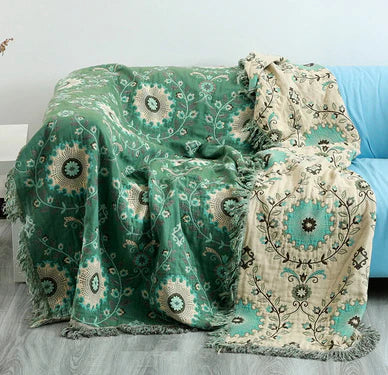 Grüne und beige Sofadecke mit floralem Muster, Baumwolle, Wohnzimmerdekoration, gemütlich.