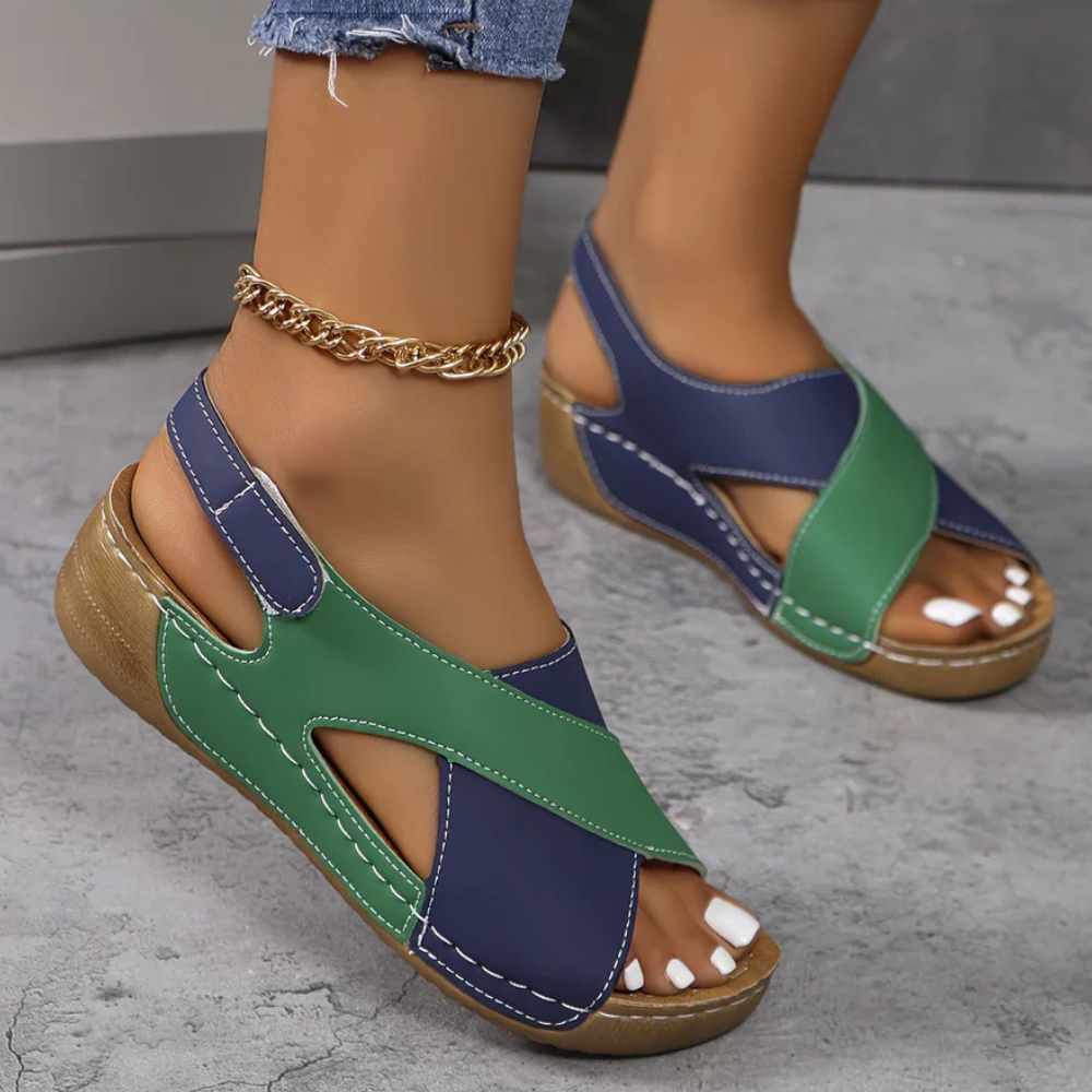 Damen Sandalen grün-blau, Keilabsatz, bequem, Sommermode, lässig, Lederoptik