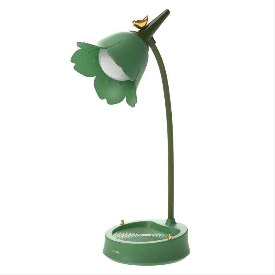 Grüne Tischlampe in Blumenform mit Vogel, LED, modern, dekorativ, für Schreibtisch oder Nachttisch.