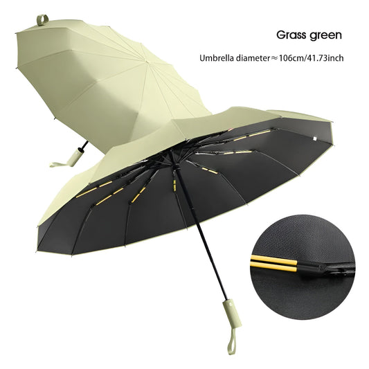 Grüner Regenschirm, 106 cm Durchmesser, winddicht, faltbar, automatischer Öffnungsmechanismus.