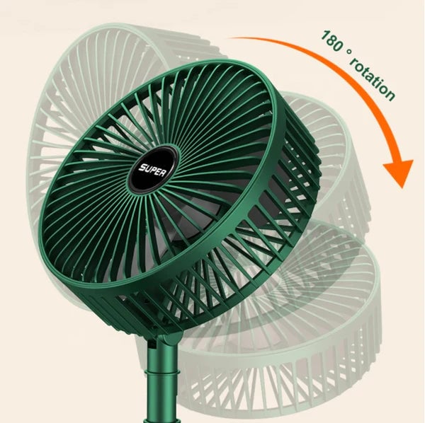 Grüner Tischventilator mit 180-Grad-Drehung, leise, energieeffizient, modernes Design.