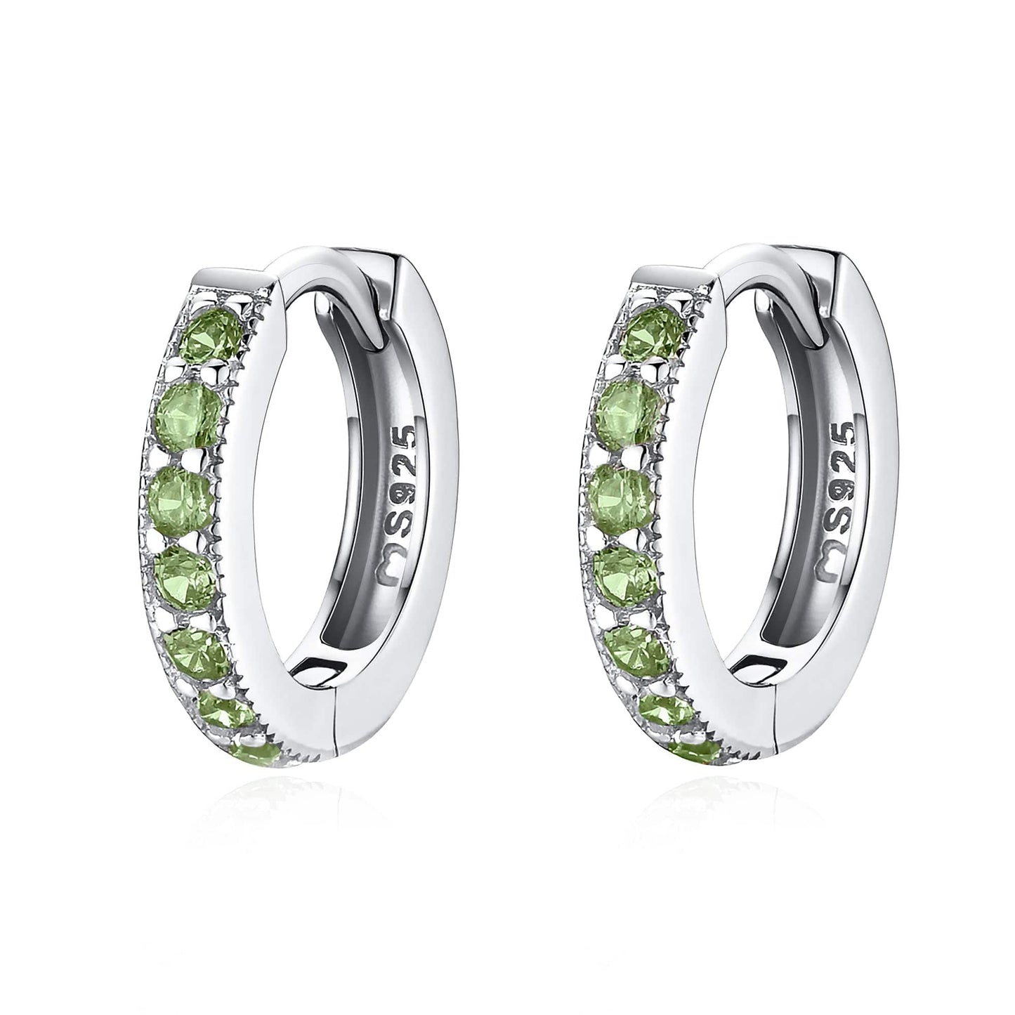 Silberne Creolen mit grünen Edelsteinen, 925 Sterling Silber Ohrringe, eleganter Schmuck.