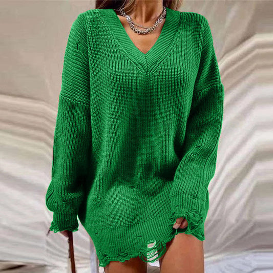 Grüner Strickpulloverkleid Damen, V-Ausschnitt, lässig, modisch, bequem, Herbstmode.