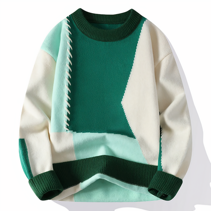 Grüner und cremefarbener Patchwork-Pullover, Unisex, Baumwolle, modisch, Herbstmode.