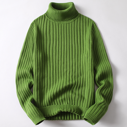 Grüner Rollkragenpullover aus Strick, geripptes Design, warm, modisch, Winterkleidung.