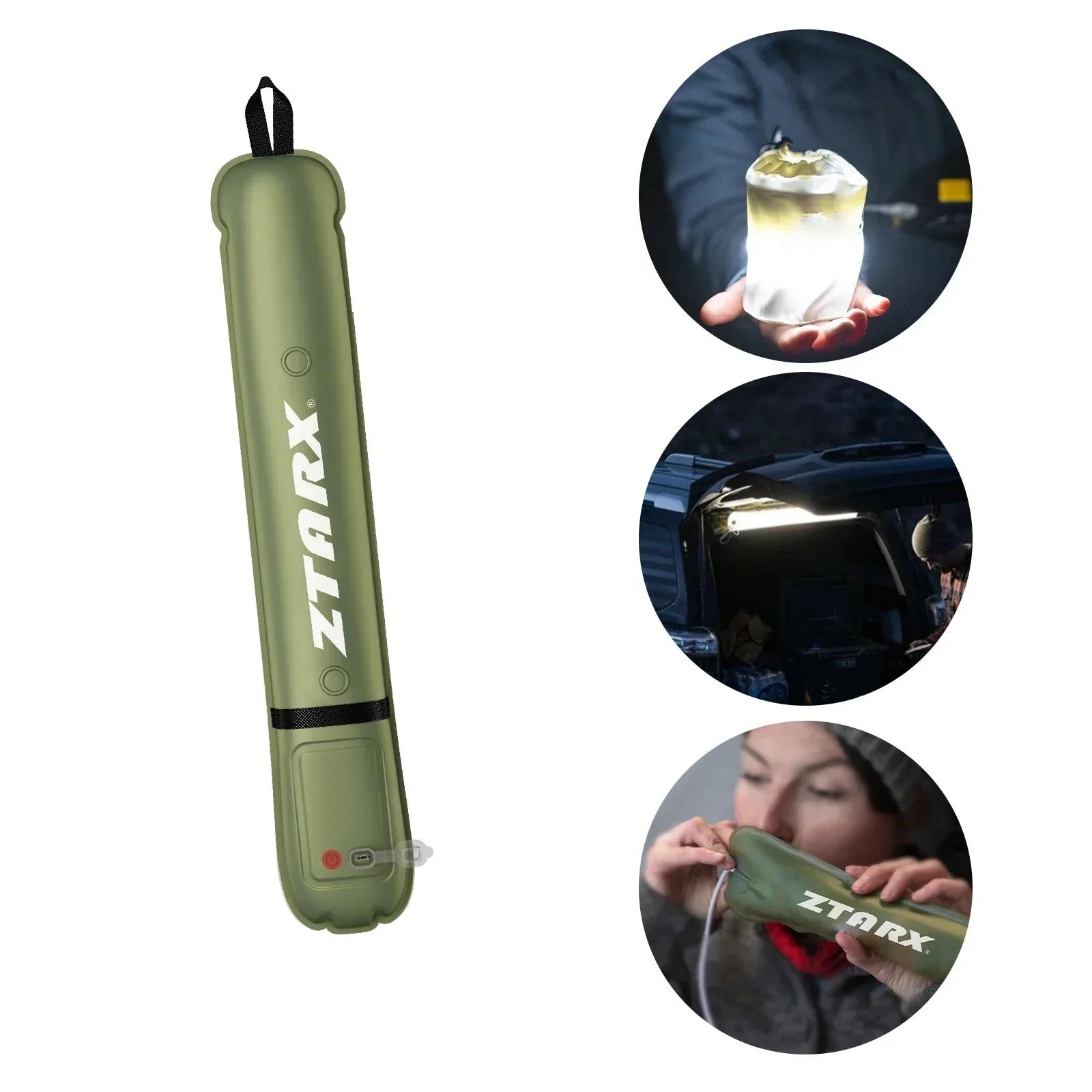 Grüne tragbare LED-Campinglampe, wiederaufladbar, vielseitig einsetzbar, Outdoor-Beleuchtung.