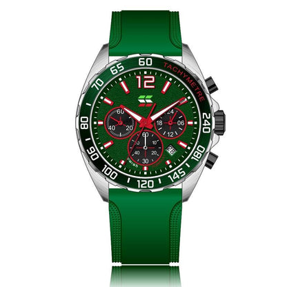 Grüne Sportuhr mit Tachymeter, Edelstahlgehäuse, Chronograph, rotes Zifferblatt, Herrenuhr.