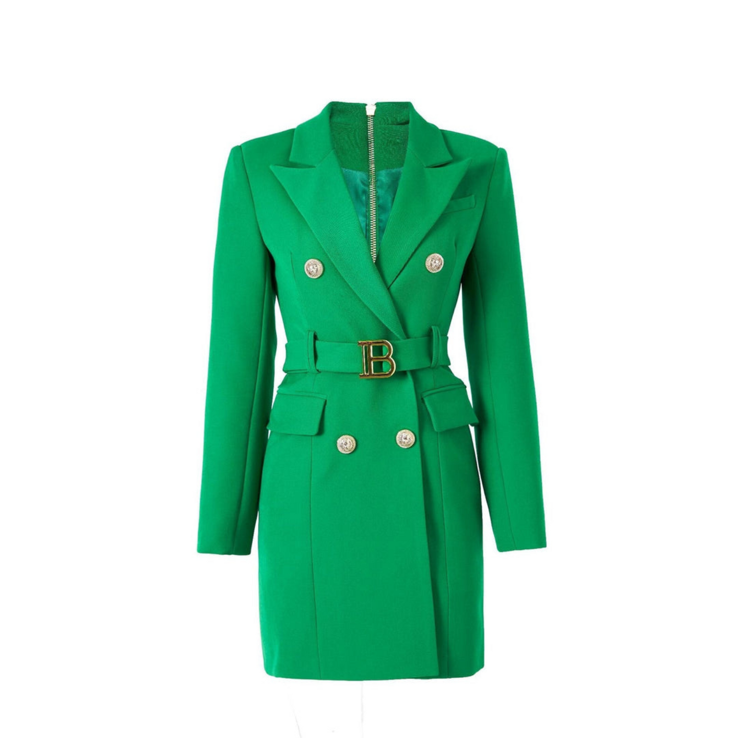 Grüner Damenblazer mit Gürtel, doppelreihig, elegantes Design, modische Damenbekleidung.