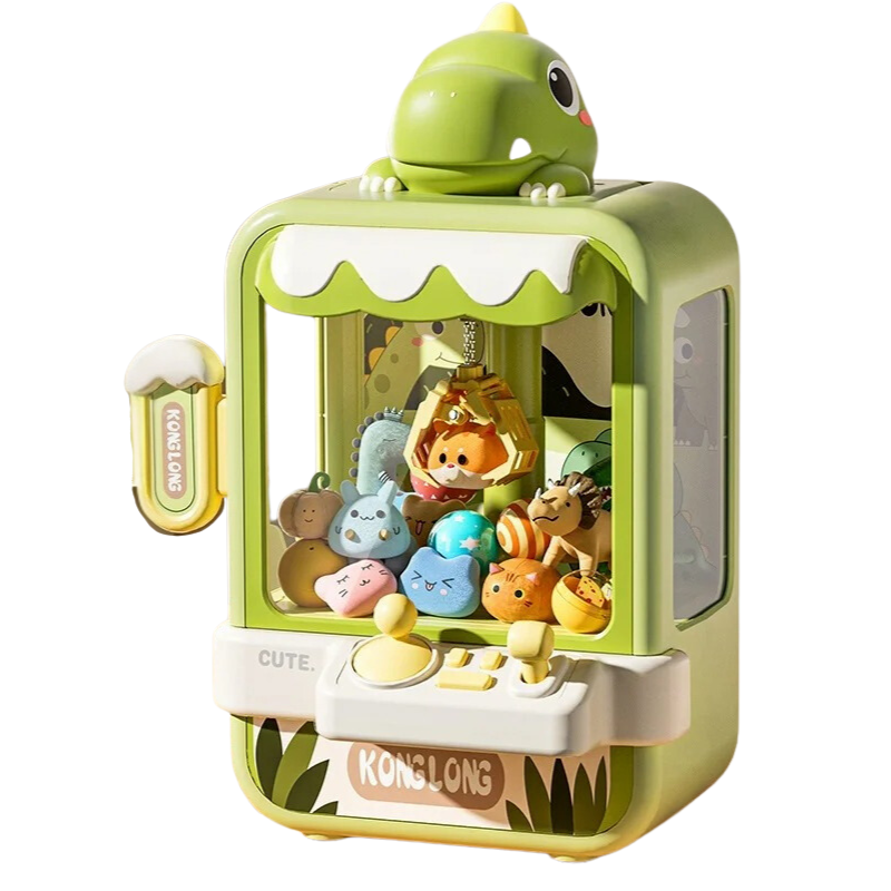 Grüner Dinosaurier-Spielautomat mit Plüschtieren, Kinderzimmer-Dekoration, Geschenkidee.