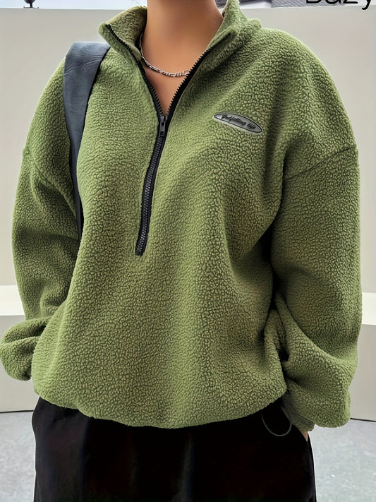 Grüner Fleece-Pullover mit Reißverschluss, Damenmode, lässig, warm, Herbst/Winter-Outfit.