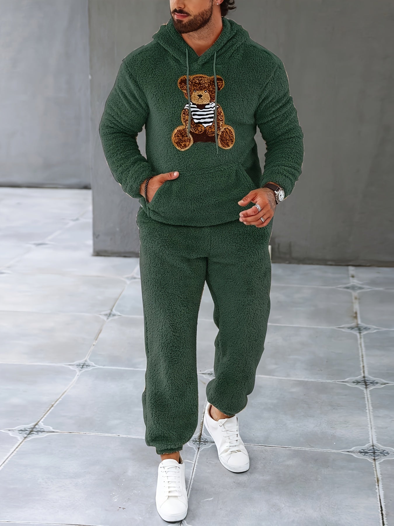 Männer Teddy-Fleece-Trainingsanzug, grün, Kapuzenpullover, Jogginghose, Freizeitmode.