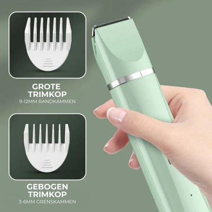 Grüner elektrischer Haarschneider mit zwei weißen Trimmaufsätzen, ergonomisches Design.
