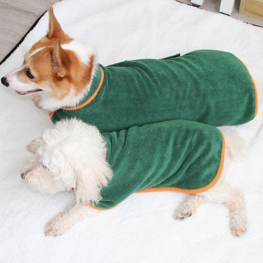 Zwei Hunde in grünen Bademänteln auf weißem Teppich, Corgi und Pudel, Haustierpflege.