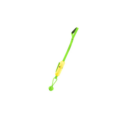 Grüner Hundespielzeug-Stick mit gelbem Kauspielzeug, robustes Material, interaktives Spielzeug.