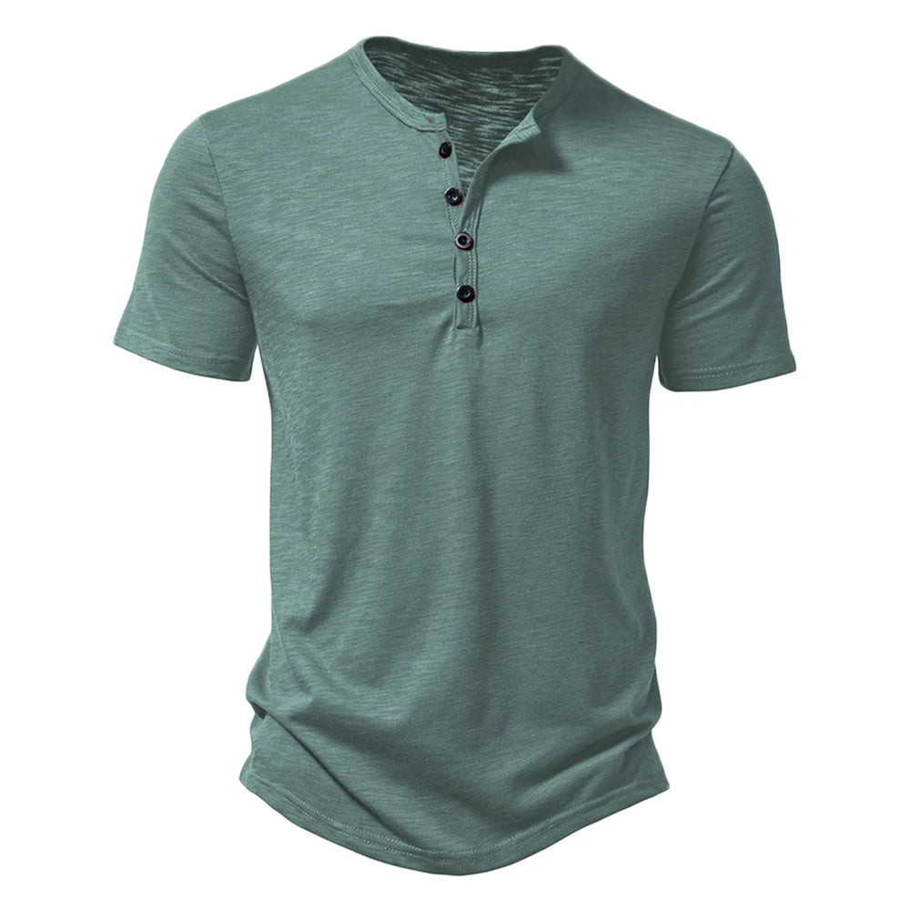 Grünes Herren-T-Shirt mit Knopfleiste, Kurzarm, Baumwolle, modisch, bequem.