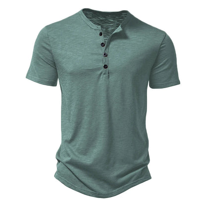 Grünes Herren-T-Shirt mit Knopfleiste, Kurzarm, Baumwolle, modisch, bequem.