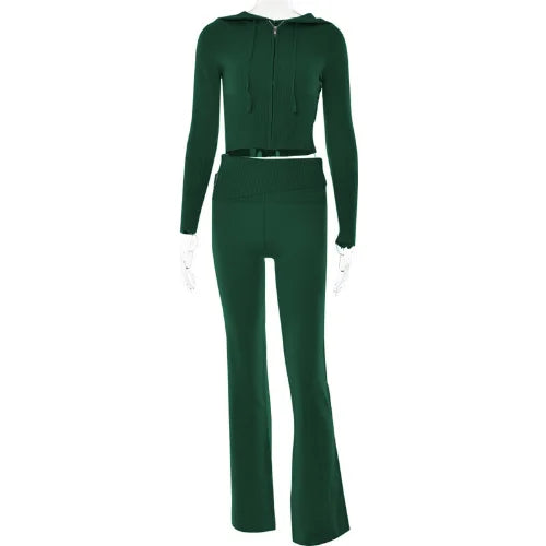 Grüner Damen-Hoodie mit Flare-Hose, gestrickt, modisch, zweiteiliges Set, Frühling.