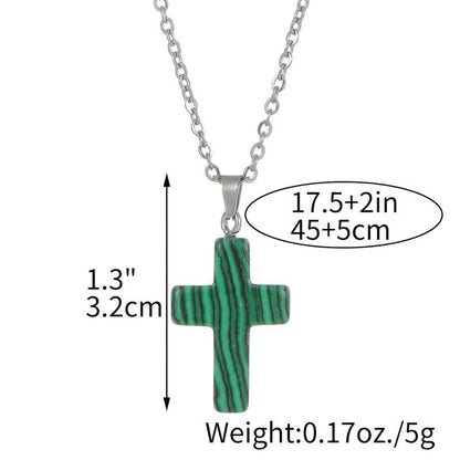 Grüne Kreuzkette aus Malachit, Edelstahlkette, 45+5 cm, modisches Schmuckstück für Damen.