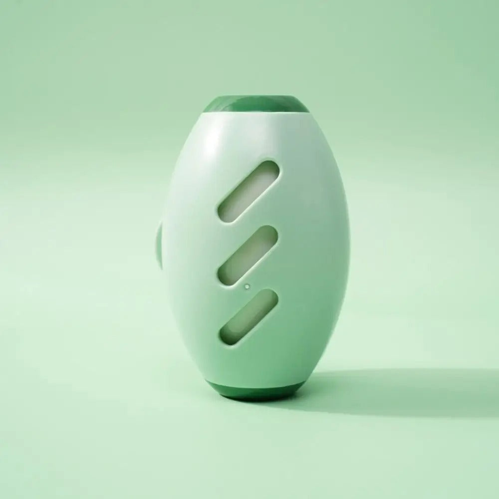 Grüner Luftreiniger, oval, modern, Kunststoff, für saubere Luft, minimalistisches Design.