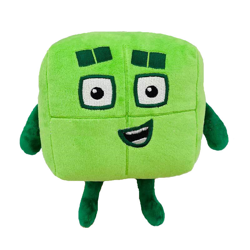 Grünes Plüschspielzeug Würfel mit Gesicht, weiches Material, Kinderfreundlich.