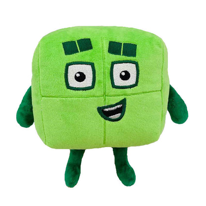 Grünes Plüschspielzeug Würfel mit Gesicht, weiches Material, Kinderfreundlich.