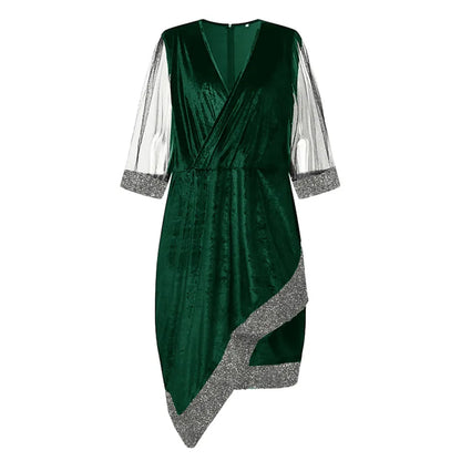 Grünes Samtkleid mit silbernen Ärmeln, asymmetrischem Saum, elegantes Abendkleid Damen.