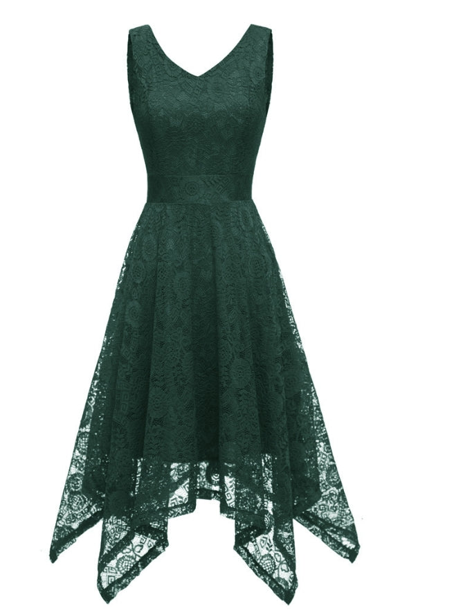 Grünes Spitzenkleid Damen, ärmellos, V-Ausschnitt, asymmetrischer Saum, elegant, Abendmode.