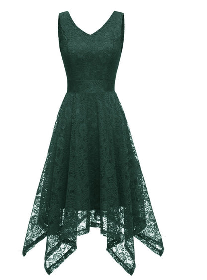 Grünes Spitzenkleid Damen, ärmellos, V-Ausschnitt, asymmetrischer Saum, elegant, Abendmode.