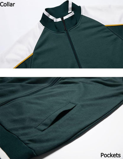Grüne Trainingsjacke mit Reißverschluss, weißem Kragen, Taschen, Sportbekleidung Herren.