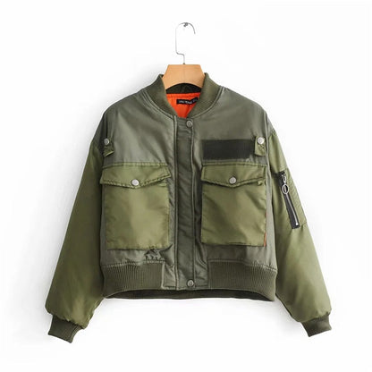 Grüne Bomberjacke Damen, Taschen, Reißverschluss, Herbstmode, lässig, Streetwear, Polyester.