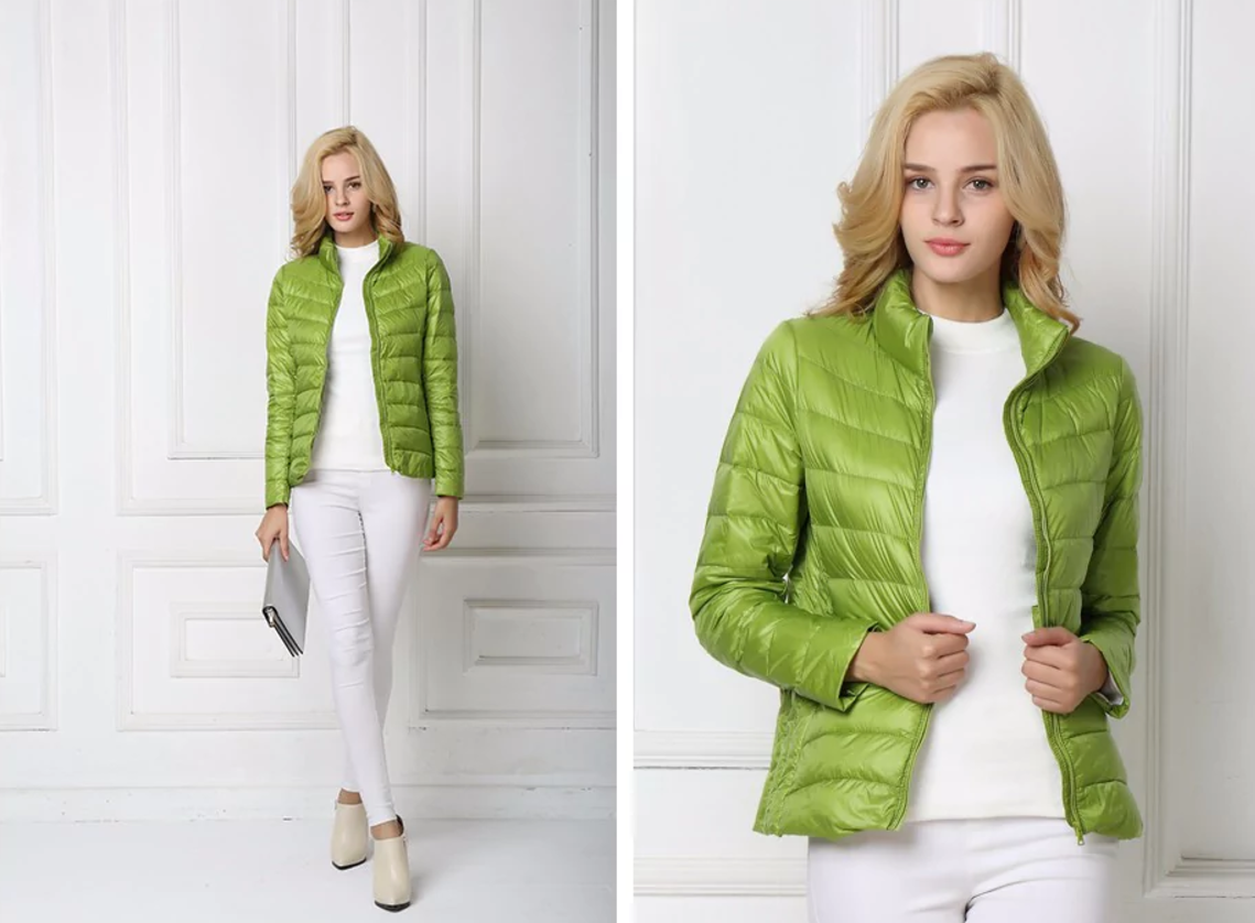 Damen grüne Daunenjacke, leicht, warm, modisch, ideal für Herbst und Winter.