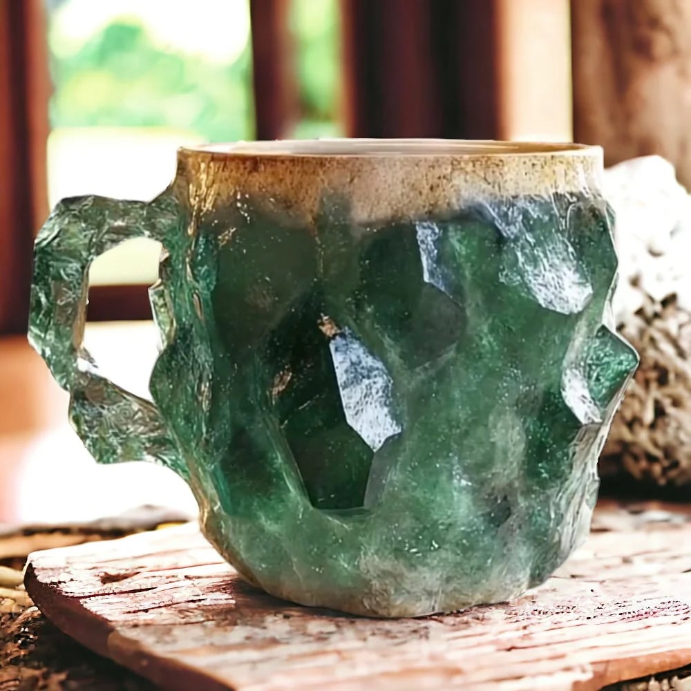 Grüne Kristall-Keramiktasse mit unregelmäßiger Oberfläche auf Holztisch, handgefertigt.