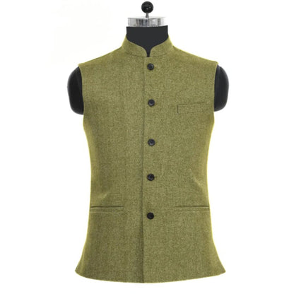 Grüne Herrenweste, ärmellos, Stehkragen, Knopfleiste, elegantes Design, Wollstoff.