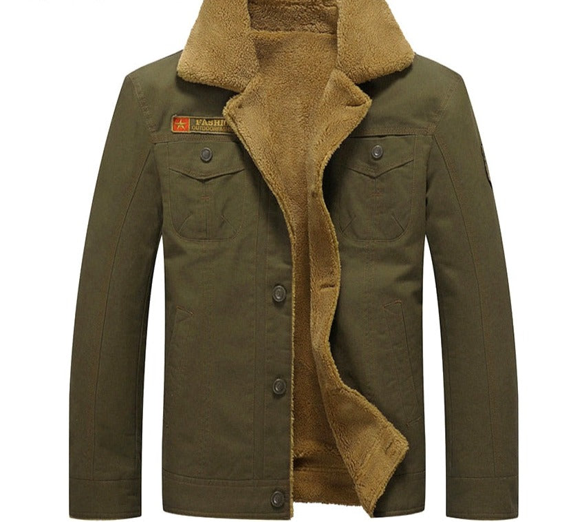 Olivgrüne Herrenjacke mit braunem Futter, Wintermantel, warm, modisch, Baumwolle.