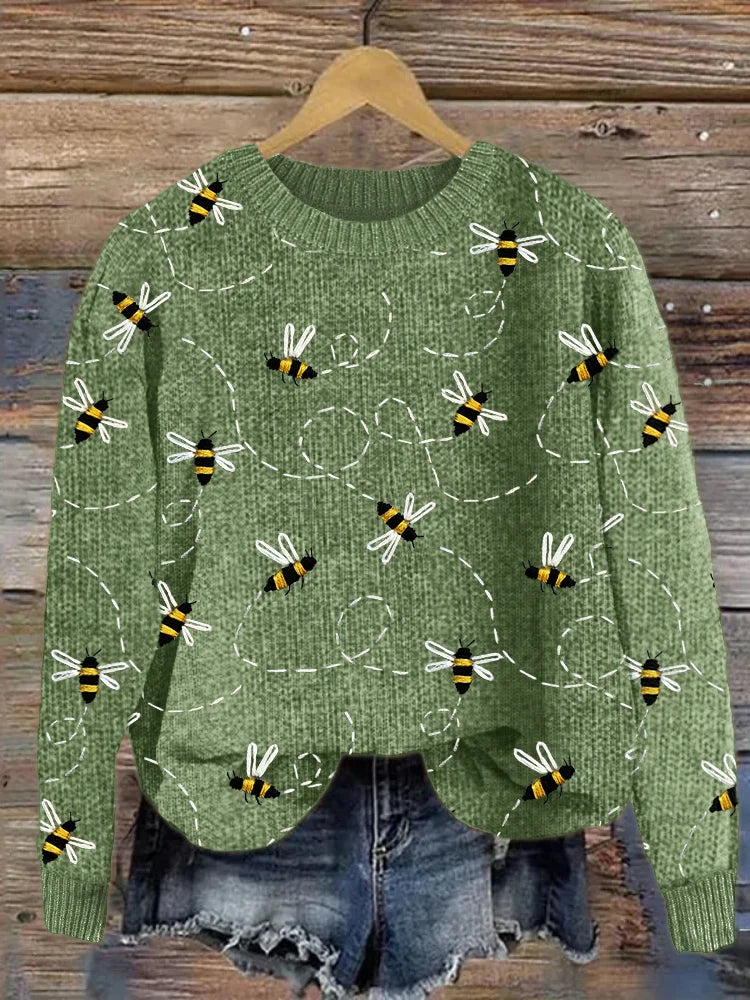 Grüner Damenpullover mit Bienenmuster, Strick, lässig, modisch, Herbstmode, Baumwolle.