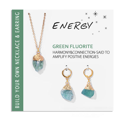 Grüner Fluorit Schmuckset, Halskette und Ohrringe, goldene Fassung, Energie, Harmonie.