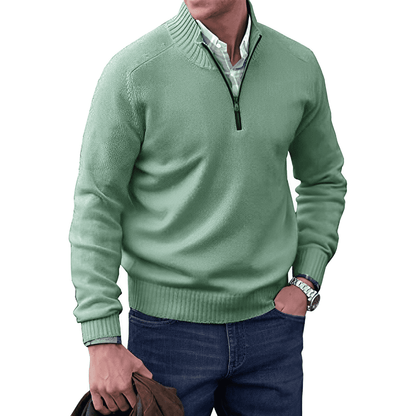 Grüner Herrenpullover mit Reißverschluss, Baumwolle, lässig, modisch, Herbstmode, Herrenbekleidung.