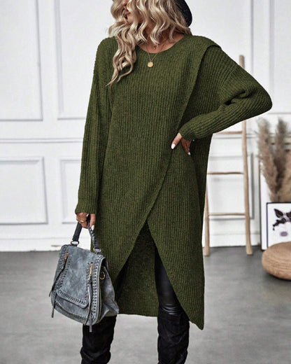 Grüner Strickpullover Damen, lang, elegant, Herbstmode, mit Tasche, lässiger Stil.