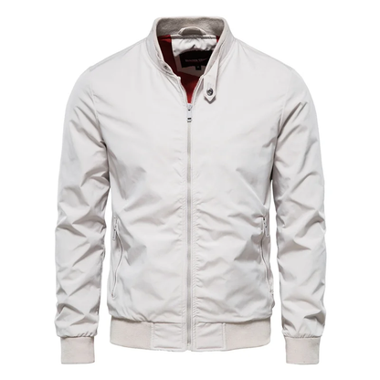 Weiße Herren-Bomberjacke, Reißverschluss, Stehkragen, modisch, lässig, Baumwolle.