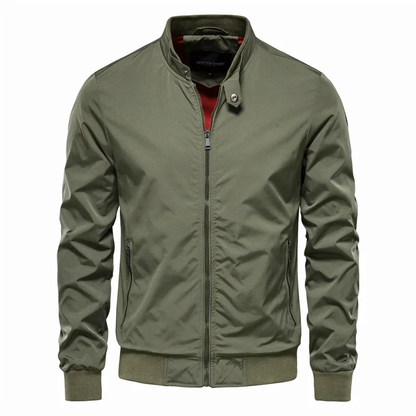 Grüne Herren-Bomberjacke, Reißverschluss, Stehkragen, Freizeitmode, Baumwolle, Herbstjacke.