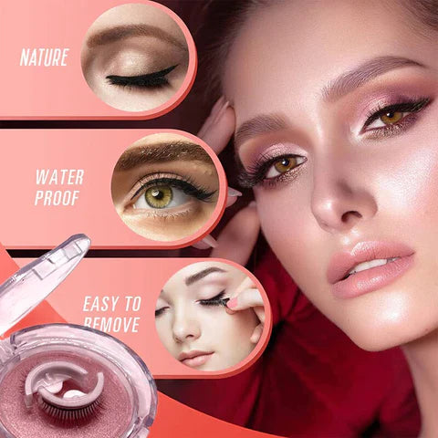 Collage mit Nahaufnahmen geschminkter Augen und Anwendung, daneben ein Model mit rosa Make-up und die geöffnete Wimpernbox. 3