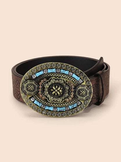 Brauner Ledergürtel mit großer, verzierter Schnalle in Türkis und Gold, modisch, elegant.
