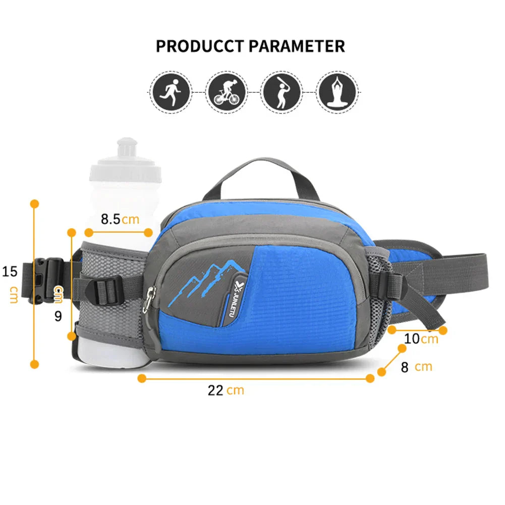 Blau-graue Gürteltasche mit Flaschenhalter, ideal für Outdoor-Aktivitäten, 22x15x8 cm.