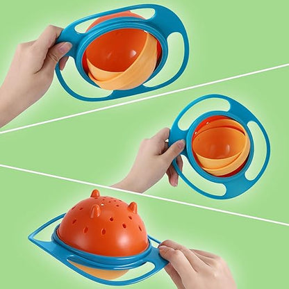Bunte Gyroschüssel für Kinder, auslaufsicher, drehbar, blau-orange, Kunststoff.