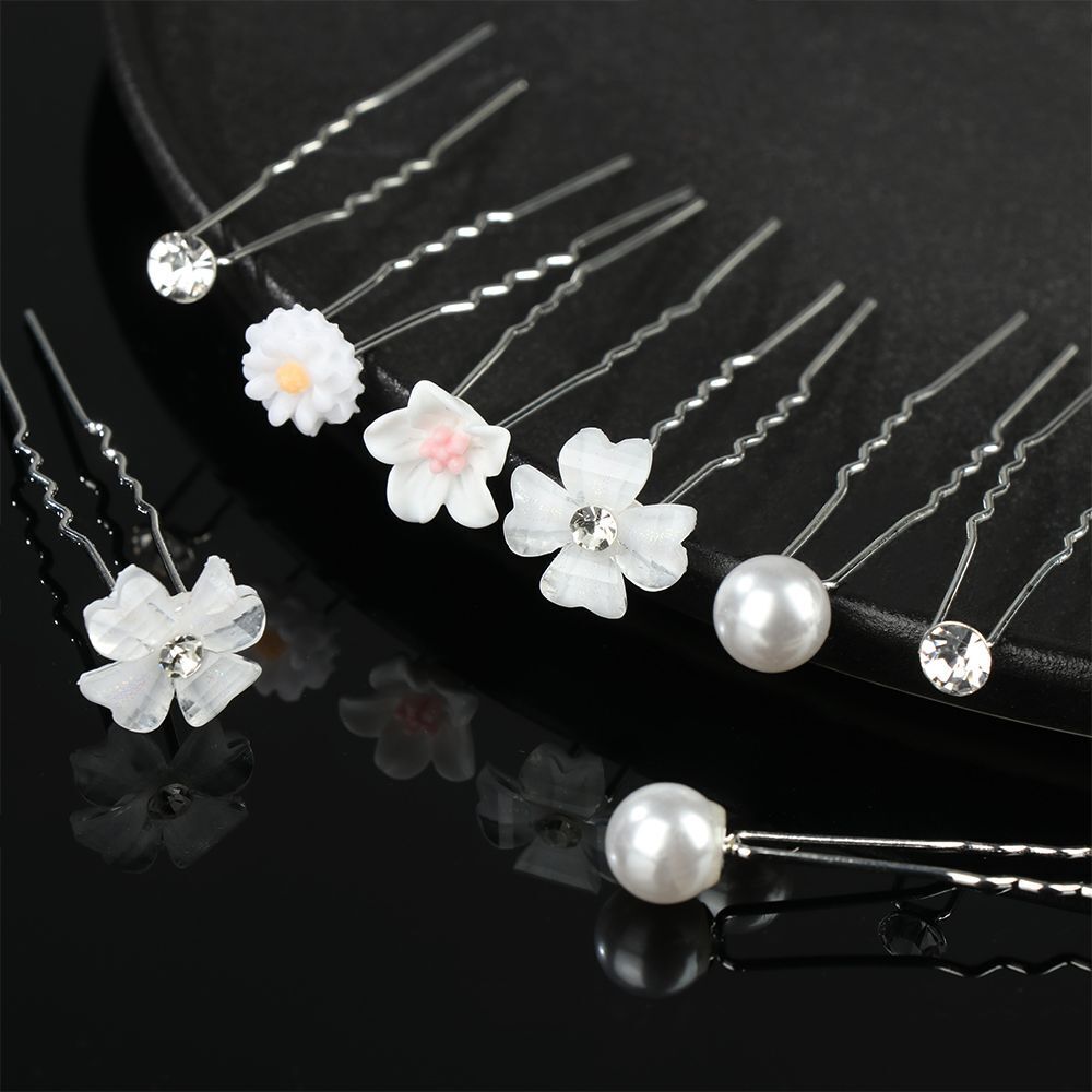 Haarpins mit weißen Blumen und Perlen, Haarschmuck für Hochzeiten, silberne Haarnadeln.