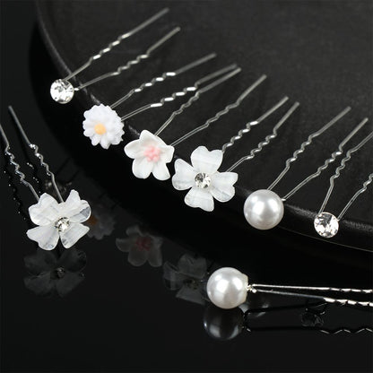 Haarpins mit weißen Blumen und Perlen, Haarschmuck für Hochzeiten, silberne Haarnadeln.