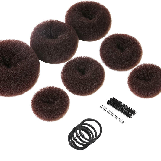 Braune Haardonut-Sets mit Haargummis und Haarnadeln für Hochsteckfrisuren.